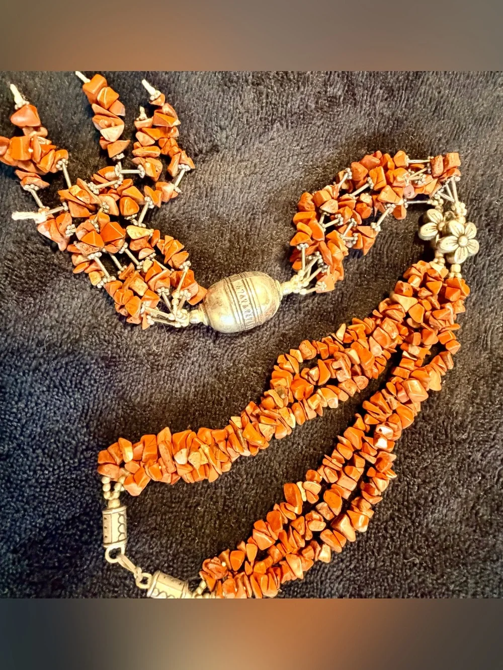 Artisan Orange Chip Bead Silver Tone Tassel Statement Necklace